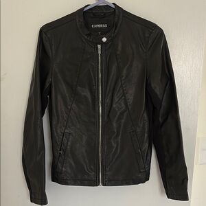 Express Black Leather Jacket Stand-Up Collar